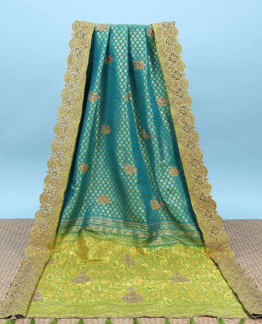 Buy Bridal Brocade Banarasi Silk Saree Stone Work with All over Zari Border  - Green at Amazon.in