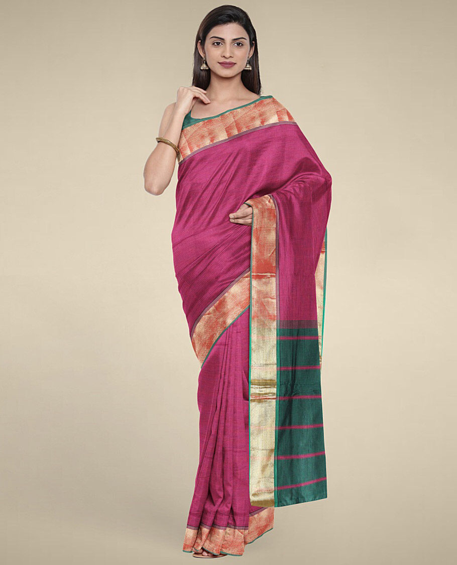 Brown Chettinad cotton saree with flower buttas, floral & peacock border &  pallu of stripes & buttas