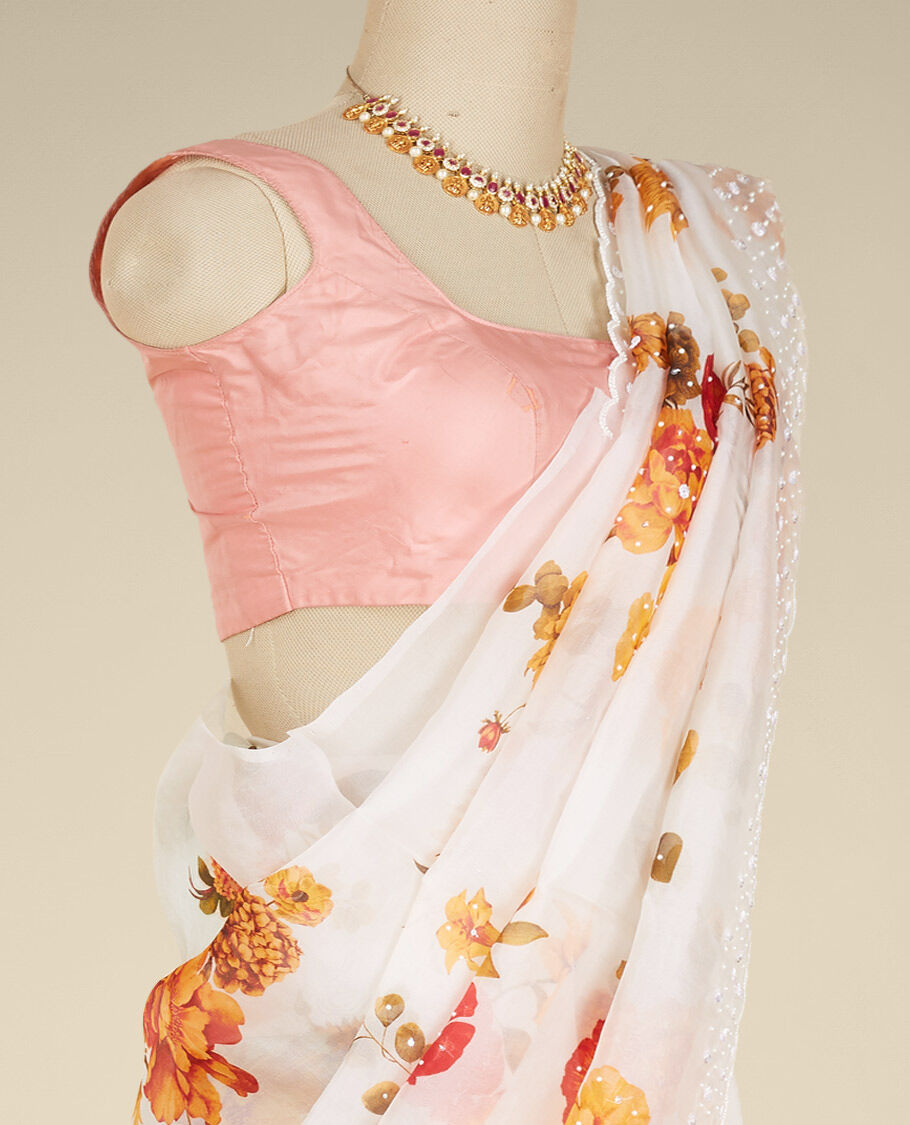 Beautiful White Pink Flower Handblock Print Saree