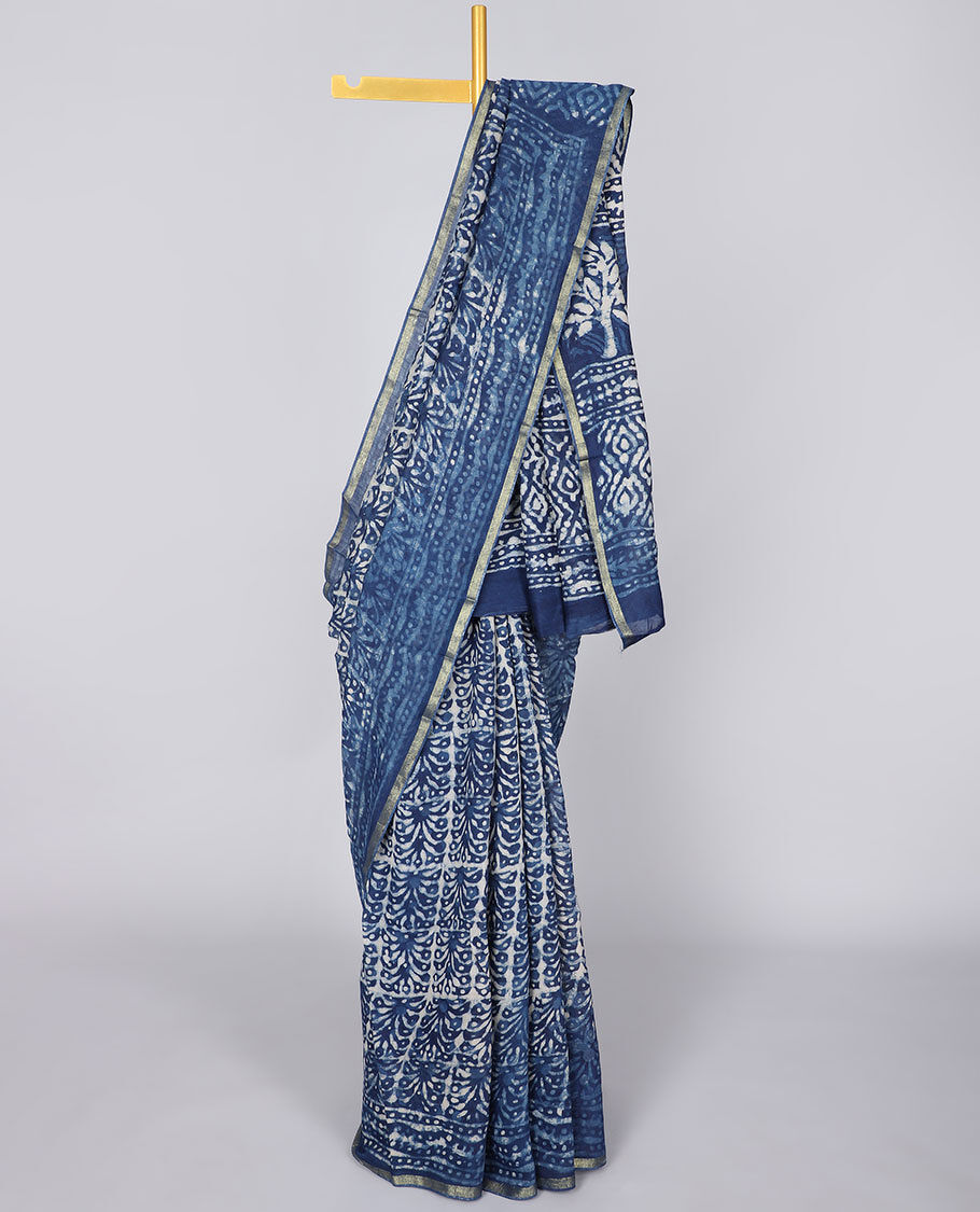 Chanderi Saree with Blouse Piece in Indigo Shades - Joypur Fashions