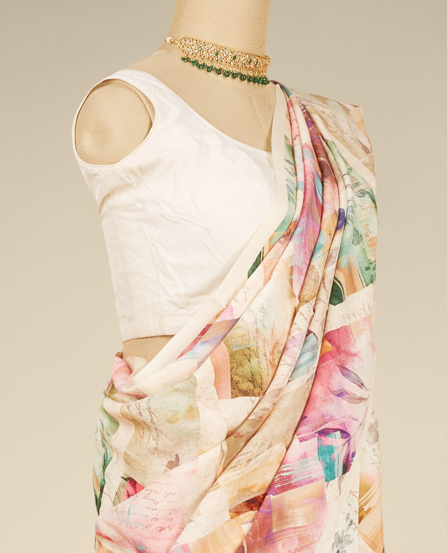 Pastel pink Digital Printed Italian Crepe Saree embellished with floral  design all over the saree