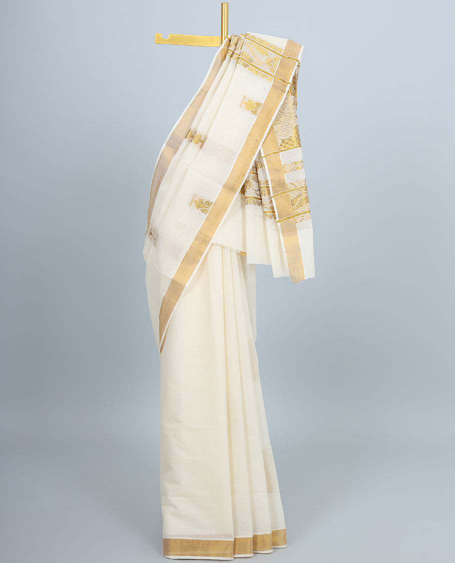 Buy South Weavers Embellished Kasavu Cotton Blend Cream Sarees Online @  Best Price In India | Flipkart.com